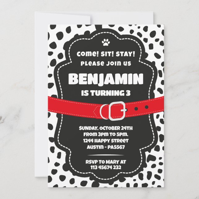 Dalmatian Spots Black Invitation for Birthday (Front)