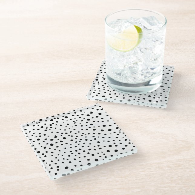 Dalmatian Spots, Dalmatian Dots, Black and White Glass Coaster (Angled)