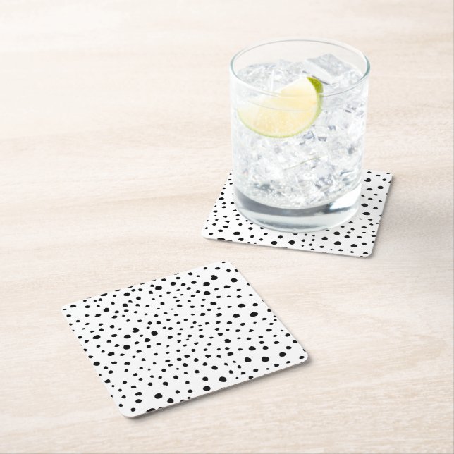 Dalmatian Spots, Dalmatian Dots, Black and White Square Paper Coaster (Insitu)