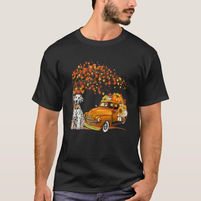 Dalmatian Wearing Hat Fall Tree Pickup Truck Pumpk T-Shirt (Front)