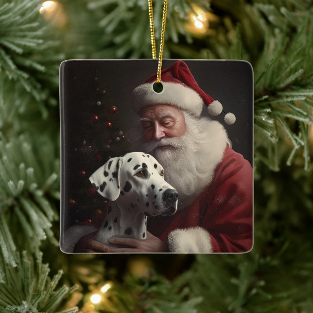 Dalmatian With Santa Claus Festive Christmas Ceramic Ornament (Tree)