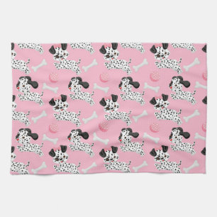 Dalmatians Puppies Black Spots Pink Toy Ball White Tea Towel