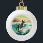 Dalmation Beach Surfing Painting  Ceramic Ball Christmas Ornament<br><div class="desc">Immerse yourself in the playful world of canine adventure with this captivating painting. A spirited dog takes to the waves, skilfully riding the surf on a sun-kissed beach. The vibrant artwork beautifully captures the essence of beachside excitement as the dog fearlessly rides the waves, embodying the spirit of fun and...</div>