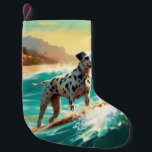 Dalmation Beach Surfing Painting  Small Christmas Stocking<br><div class="desc">Immerse yourself in the playful world of canine adventure with this captivating painting. A spirited dog takes to the waves, skilfully riding the surf on a sun-kissed beach. The vibrant artwork beautifully captures the essence of beachside excitement as the dog fearlessly rides the waves, embodying the spirit of fun and...</div>
