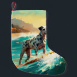 Dalmation Beach Surfing Painting  Small Christmas Stocking<br><div class="desc">Immerse yourself in the playful world of canine adventure with this captivating painting. A spirited dog takes to the waves, skilfully riding the surf on a sun-kissed beach. The vibrant artwork beautifully captures the essence of beachside excitement as the dog fearlessly rides the waves, embodying the spirit of fun and...</div>