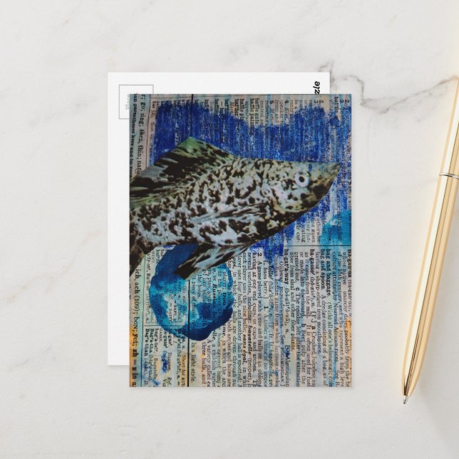 Dalmation Molly Fish mixed media collage Postcard (Front/Back In Situ)