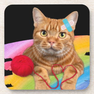 Damaged Cat on rainbow background Coaster