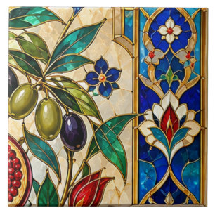 Damascus & Ottoman Olive and Tulip Stained Glass Tile