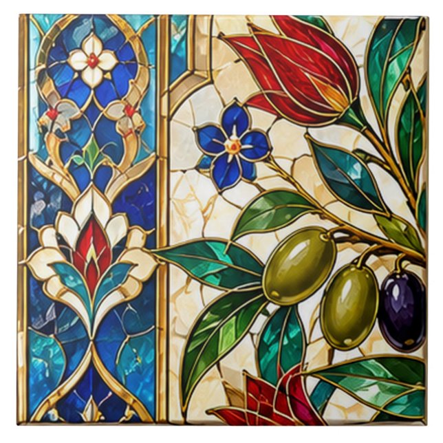 Damascus & Ottoman Olive Branch Stained Glass Tile (Front)