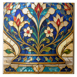 Damascus & Ottoman Tulip Floral Vase Stained Glass Tile