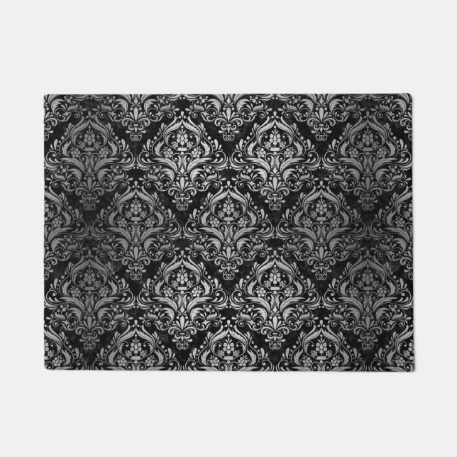 DAMASK1 BLACK MARBLE & SILVER BRUSHED METAL DOORMAT (Front)