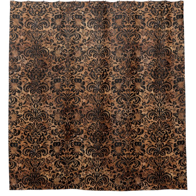 DAMASK2 BLACK MARBLE & BROWN STONE (R) SHOWER CURTAIN (Front)