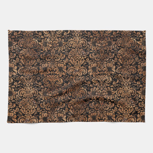 DAMASK2 BLACK MARBLE & BROWN STONE TEA TOWEL (Horizontal)