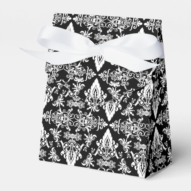 Damask 02 Black-White-Tent Style Favour boxes (Front Side)