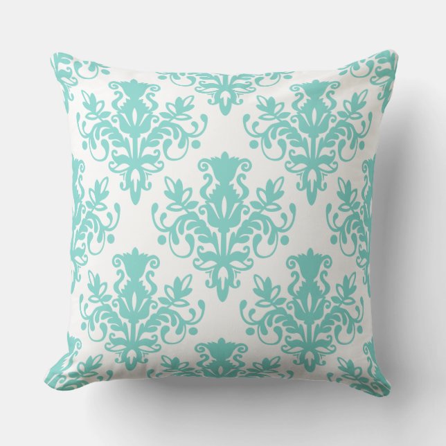 Damask 02 Pattern - Aqua Blue on White Cushion (Front)