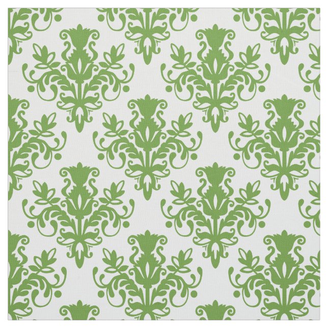 Damask 02 Pattern - Avocado Green on White Fabric (Swatch)