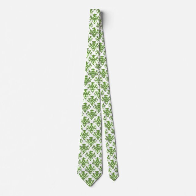 Damask 02 Pattern - Avocado Green on White Tie (Front)