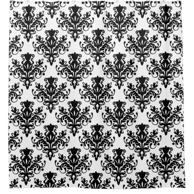 Damask 02 Pattern - Black on White Shower Curtain (Front)