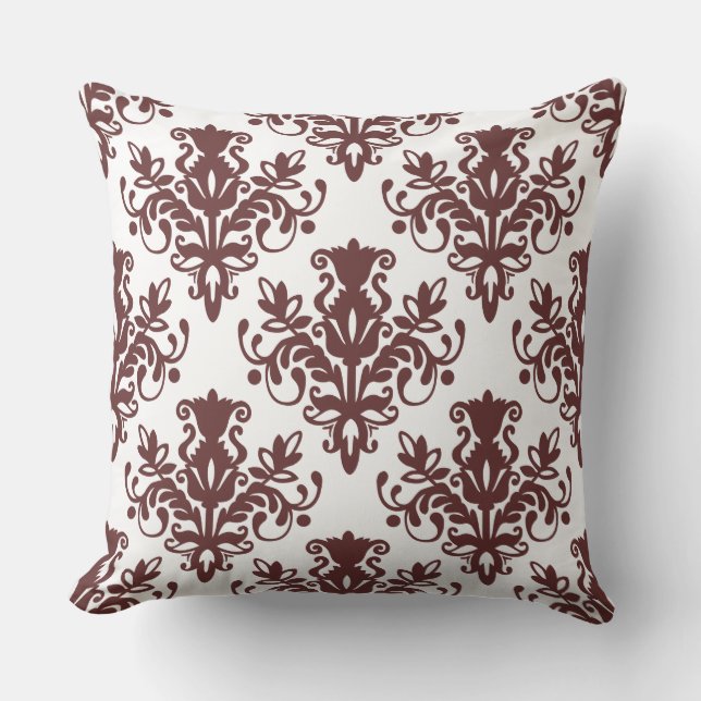 Damask 02 Pattern - Dark Brown on White Cushion (Front)