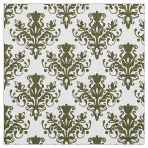 Damask 02 Pattern - Dark Olive on White Fabric