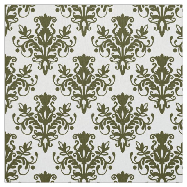 Damask 02 Pattern - Dark Olive on White Fabric (Swatch)