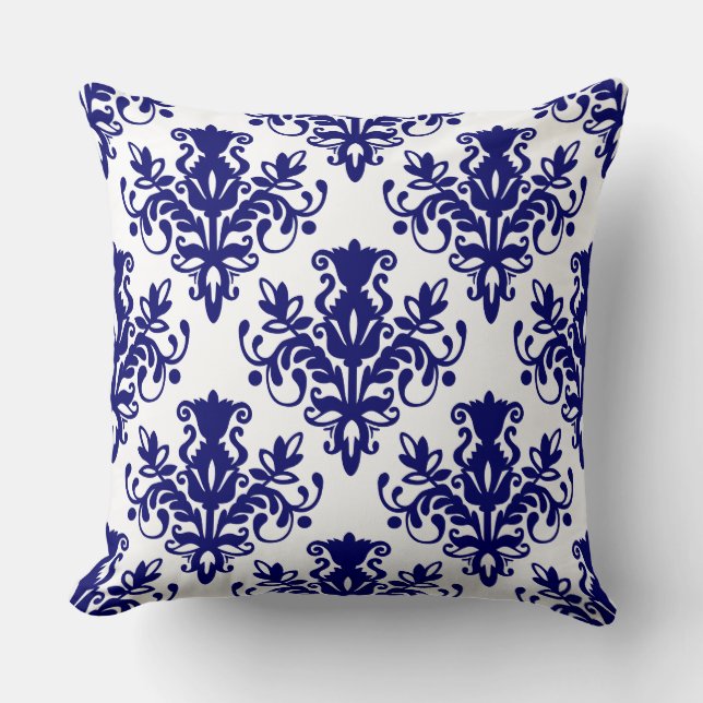 Damask 02 Pattern - Deep Navy Blue on White Cushion (Front)
