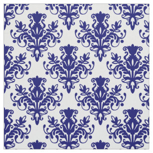 Damask 02 Pattern - Deep Navy Blue on White Fabric