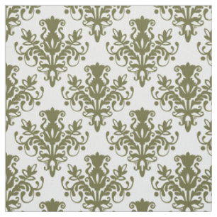 Damask 02 Pattern - Deep Olive on White Fabric