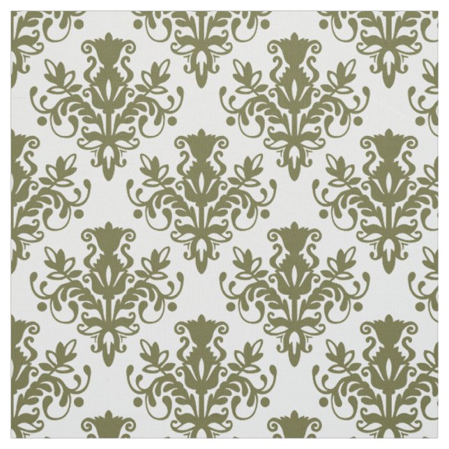Damask 02 Pattern - Deep Olive on White Fabric (Swatch)