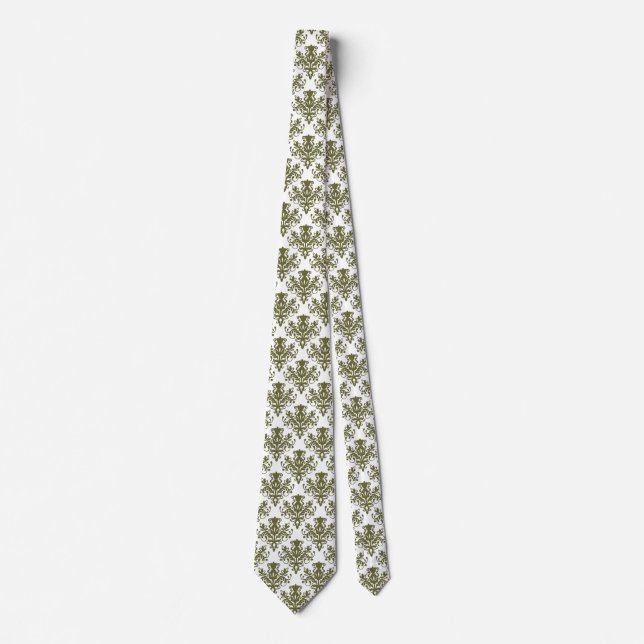 Damask 02 Pattern - Deep Olive on White Tie (Front)