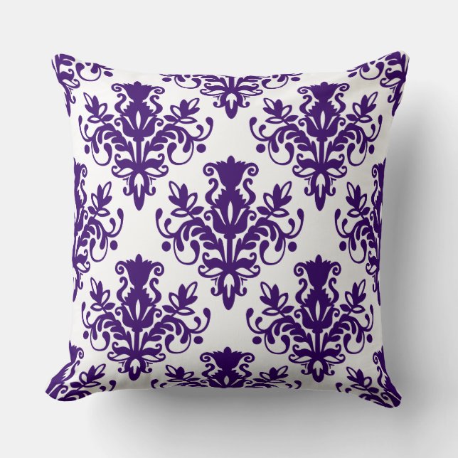 Damask 02 Pattern - Deep Purple on White Cushion (Front)