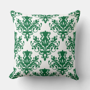 Damask 02 Pattern - Forest Green on White Cushion