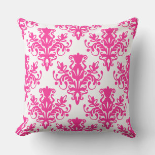 Damask 02 Pattern - Hot Pink on White Cushion