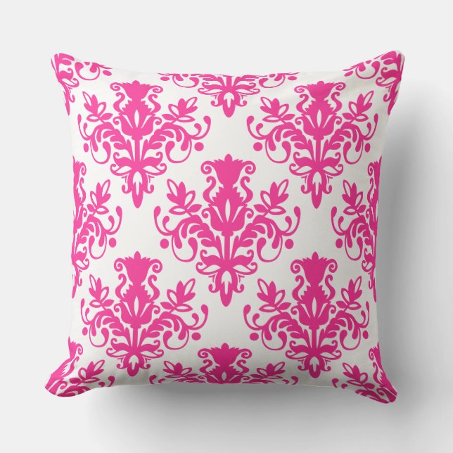Damask 02 Pattern - Hot Pink on White Cushion (Front)