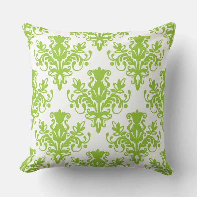 Damask 02 Pattern - Martian Green on White Cushion (Front)