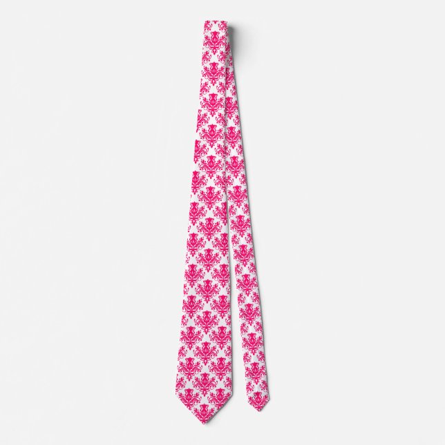 Damask 02 Pattern - Neon Red on White Tie (Front)