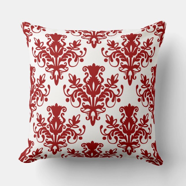 Damask 02 Pattern - Ruby Red on White Cushion (Front)
