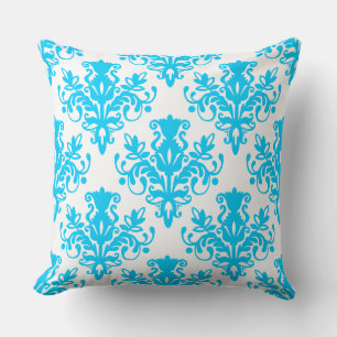 Damask 02 Pattern - Sky Blue on White Cushion