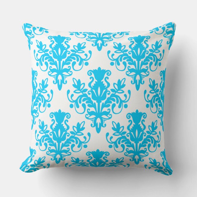 Damask 02 Pattern - Sky Blue on White Cushion (Front)