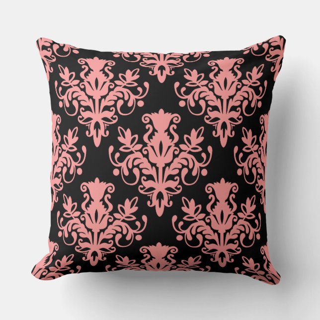 Damask 02 Pattern - Soft Pink on Black Cushion (Front)