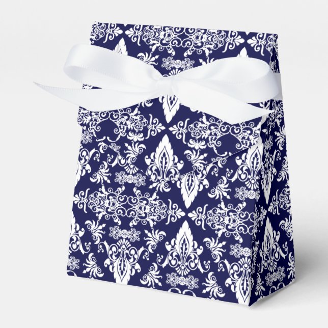 Damask 05 Navy-White-Tent Style Favour boxes (Front Side)