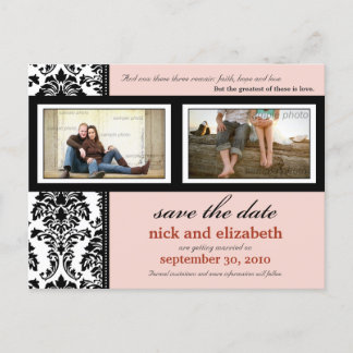 Damask 2-Photo Pink-Black-White Save the Date Announcement Postcard