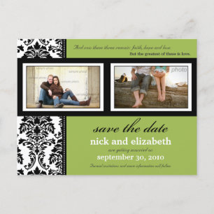 Damask 2-Photo Sage-Black-White Save the Date Announcement Postcard