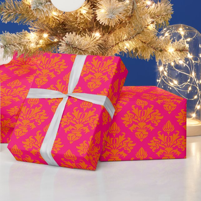 Damask #3 DIY Colours Raspberry Pink Orange  Wrapping Paper (Holidays)