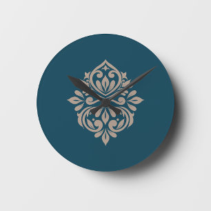 Damask Ambience Midnight Green & Beige Wall Clock
