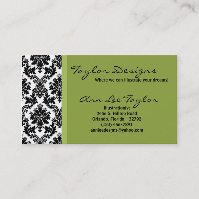 Damask and Green Elegant Trendy Chic Business Card (Front)