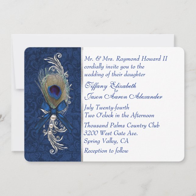 Damask and Peacock Feather Wedding Invitation (Front)