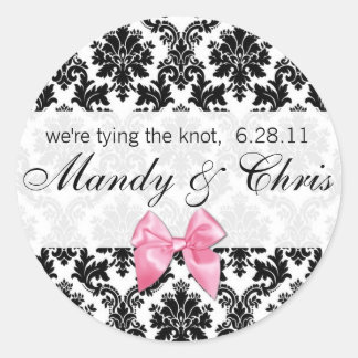 Damask and Pink Bow Classic Round Sticker