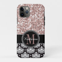 Damask and Pink Glitter, Monogrammed