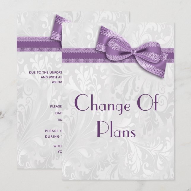 Damask and Purple Faux Bow Change Of Plans Invitation (Front/Back)